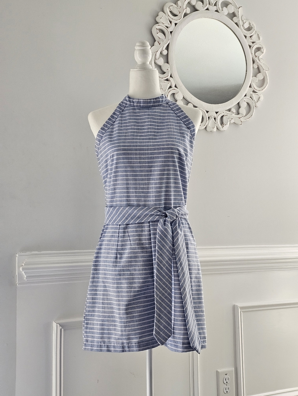 Striped Blue Halter Tie-Waist Romper (Shorts) Size M